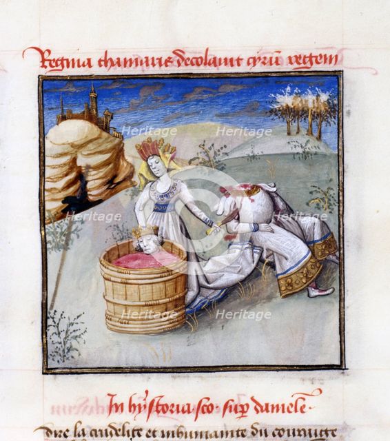 Queen Tomyris. From: Speculum Humanae Salvationis (Mirror of Human Salvation) by Ludolph of Saxony. Artist: Anonymous  