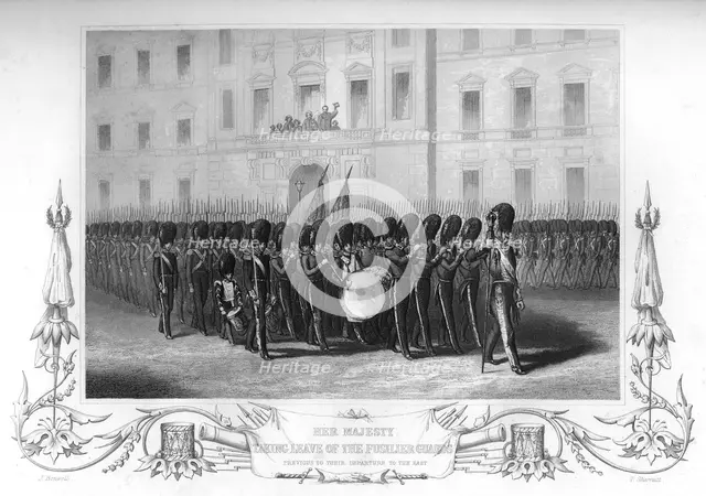 Queen Victoria (1819-1901) taking leave of the Fusilier Guards, London, 1857.Artist: T Sherratt