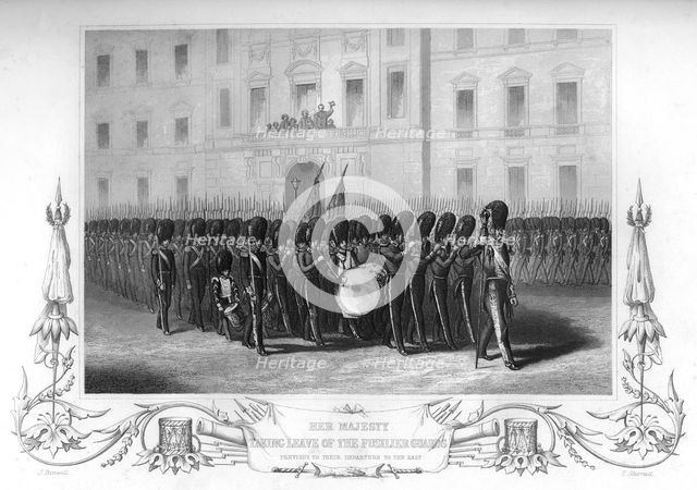 Queen Victoria (1819-1901) taking leave of the Fusilier Guards, London, 1857.Artist: T Sherratt
