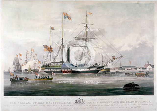 Queen Victoria and Prince Albert arriving at the Royal Dockyard, Woolwich, Kent, 1843. Artist: E Duncan
