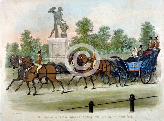 Queen Victoria and Prince Albert taking air in Hyde Park, London, c1840.                             Artist: Anon