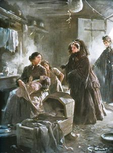 Queen Victoria and the poor: Her Majesty visiting a cottage home (1901). Creator: Gennaro Amato