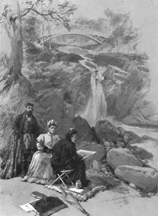 Queen Victoria as an Artist: Her Majesty sketching the Falls of Garrawalt, Braemar (1901). Creator: Unknown