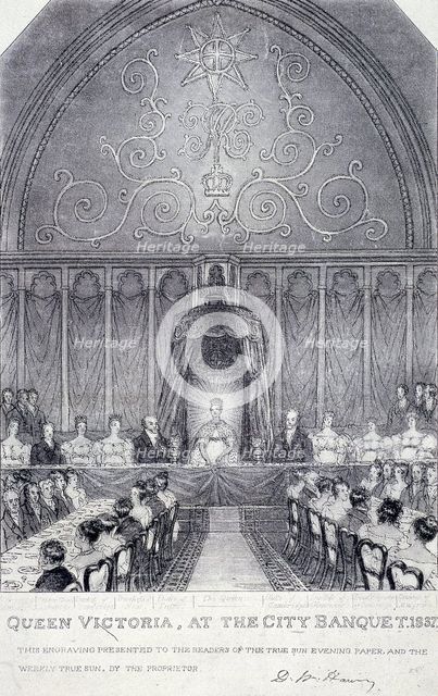 Queen Victoria at the Guildhall banquet, London, 1837. Artist: Anon