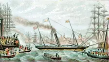 Queen Victoria being cheered as HMY Fairy carries her to the naval review at Spithead, c1855. Creator: Unknown
