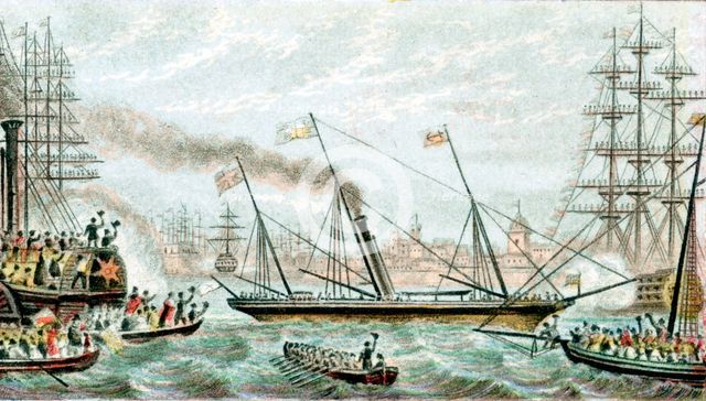 Queen Victoria being cheered as HMY Fairy carries her to the naval review at Spithead, c1855. Creator: Unknown.