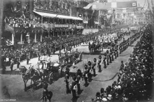 Queen Victoria being driven through central London during her Golden Jubilee celebrations, 1887. Creator: Unknown