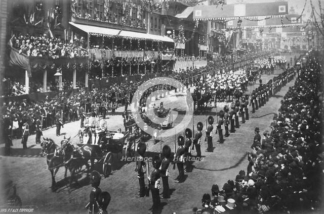 Queen Victoria being driven through central London during her Golden Jubilee celebrations, 1887. Artist: Unknown