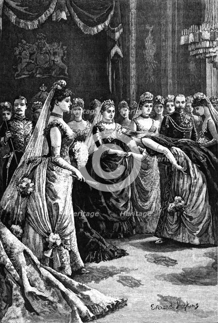 Queen Victoria greets guests in a drawing-room in Buckingham Palace, late 19th century, (1900). Artist: Everard Hopkins