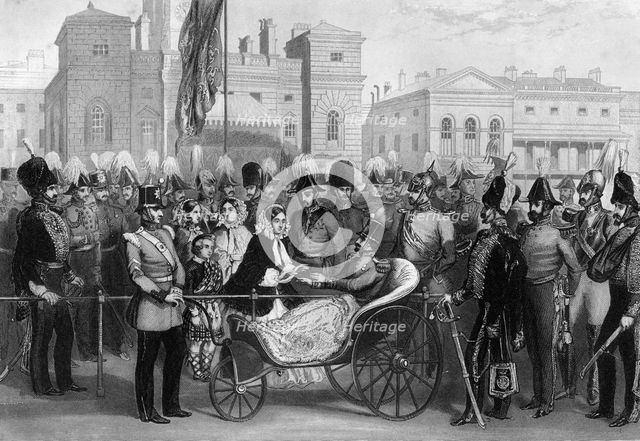 Queen Victoria distributing the Crimean medals, Horse Guards, 18 May 1856, (1857). Artist: R Hind