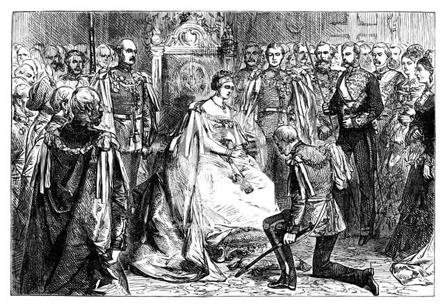 Queen Victoria holding the first investiture of the order of the Star of India, c1861. Artist: Unknown