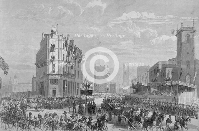 Queen Victoria in Holborn Circus on her way to the opening of Holborn Viaduct, London, 1869. Artist: Anon