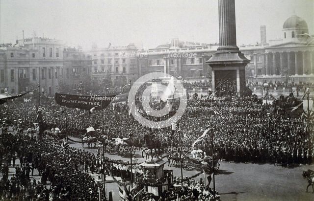 Queen Victoria in Trafalgar Square during her Golden Jubilee celebrations, London, 1887. Artist: Unknown