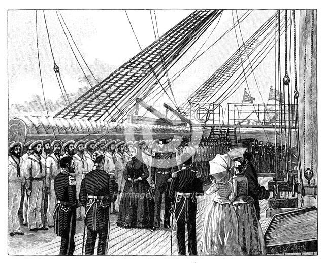 Queen Victoria inspecting HMS 'Galatea', Osborne Bay, c1860s. Artist: Unknown