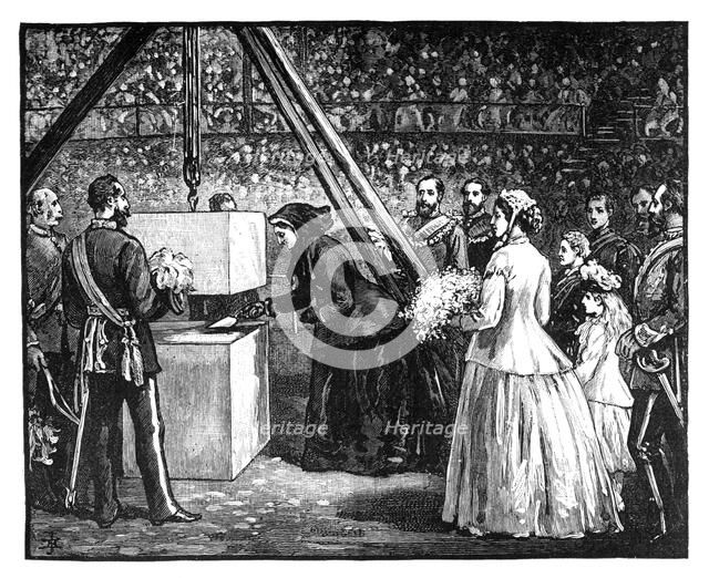 Queen Victoria laying the foundation stone of the Royal Albert Hall, London, 1860s. Artist: Unknown