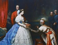 Queen Victoria Presenting a Bible in the Audience Chamber at Windsor c1861. Artist: Thomas Jones Barker