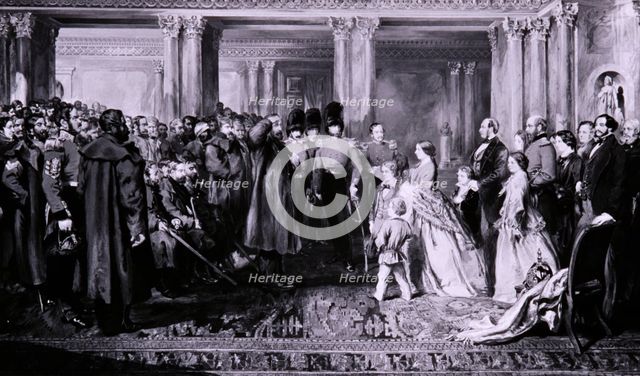 Queen Victoria presenting medals to the Guards after the Crimean War, 1856. Artist: W Bunney