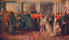 Queen Victoria presenting medals to the Guards after the Crimean War, 1856 (1906). Artist: W Bunney