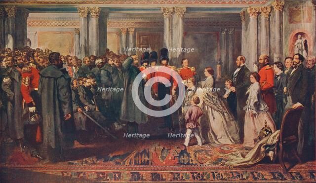 Queen Victoria presenting medals to the Guards after the Crimean War, 1856 (1906). Artist: W Bunney.