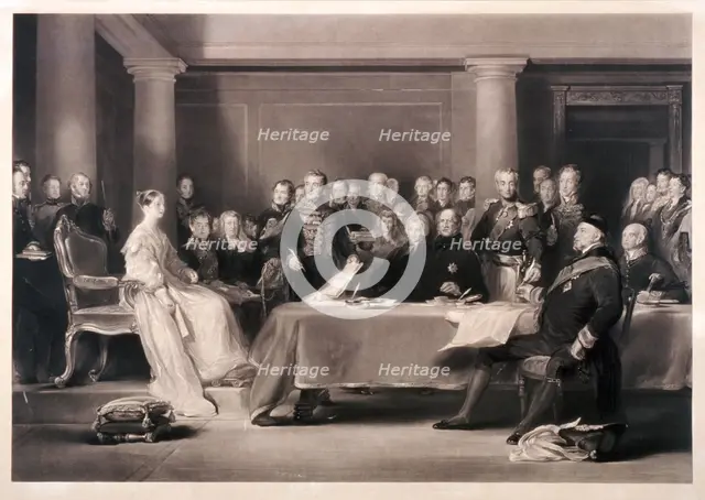 Queen Victoria presiding at the council on her accession to the throne, 1846. Artist: Charles Fox