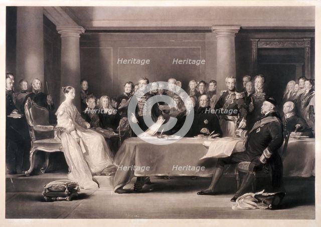 Queen Victoria presiding at the council on her accession to the throne, 1846. Artist: Charles Fox