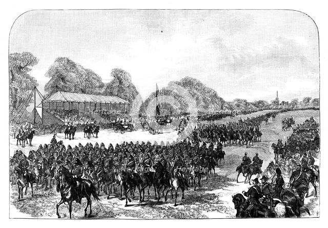 Queen Victoria reviewing volunteers in the Great Park, Windsor, Berkshire, late 19th century. Artist: Unknown
