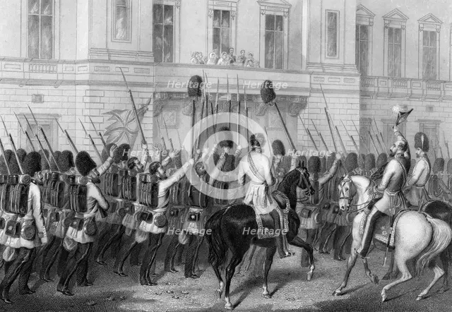 Queen Victoria receiving the Guards at Buckingham Palace, 1857. Artist: G Greatbach