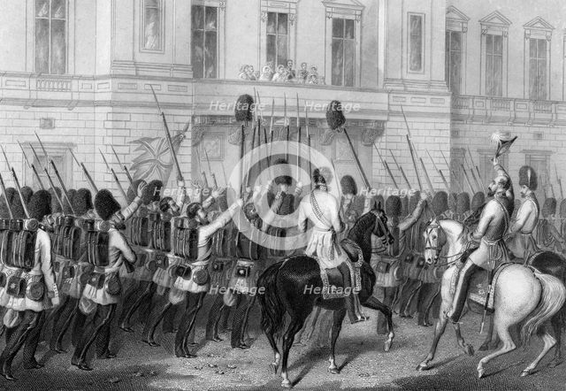 Queen Victoria receiving the Guards at Buckingham Palace, 1857. Artist: G Greatbach