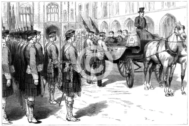 Queen Victoria receiving the old colours of the Seaforth Highlanders, Windsor, 1885. Artist: Unknown