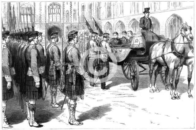Queen Victoria receiving the old colours of the Seaforth Highlanders, Windsor, 1885. Artist: Unknown
