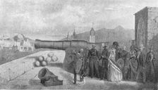 Queen Victoria's first visit to Scotland, 1842: Inspecting Mons Meg at Edinburgh Castle (1901). Creator: Unknown