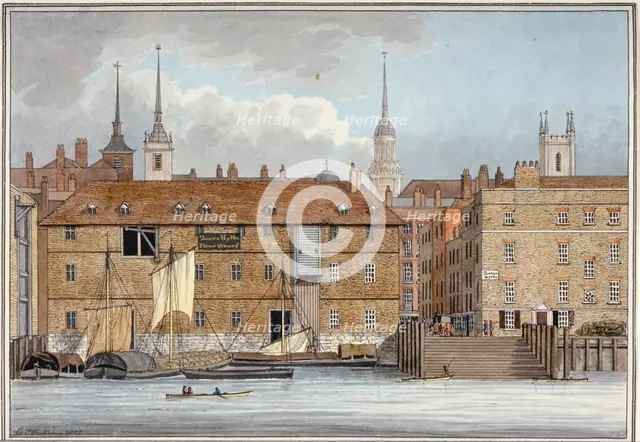 Queenhithe flour wharf, City of London, 1801. Artist: Charles Tomkins