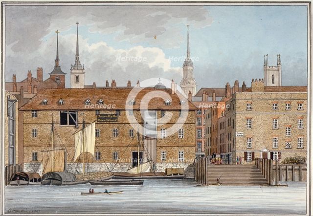 Queenhithe flour wharf, City of London, 1801. Artist: Charles Tomkins