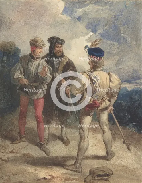 Quentin Durward and the Disguised Louis XI (recto); Study of male figure (verso), 1825 or 1826. Creator: Richard Parkes Bonington.