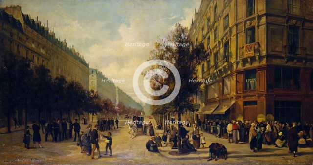 Queue à la porte d'une épicerie (angle de la rue Réaumur et du boulevard Sébastopol)..., 1871. Creators: Alfred Decaen, Jacques Guiaud.