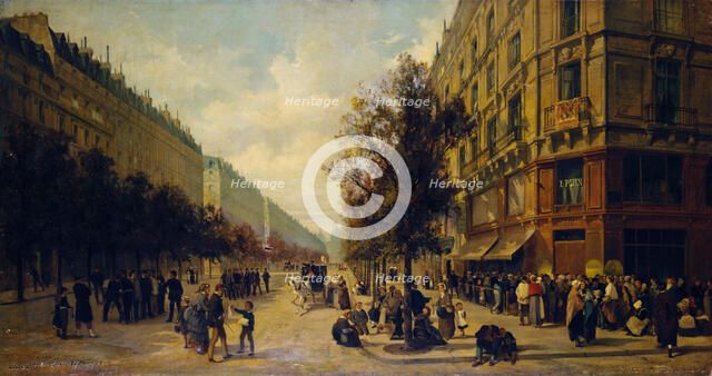 Queue à la porte d'une épicerie (angle de la rue Réaumur et du boulevard Sébastopol)..., 1871. Creators: Alfred Decaen, Jacques Guiaud.