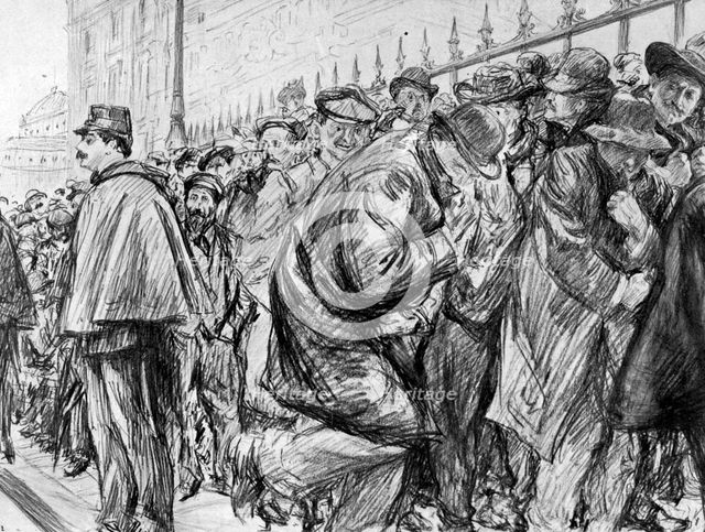 Queue outside the Palais de Justice during the trial of Marguerite Steinheil, Paris, France, 1909. Artist: Paul Charles Renouard
