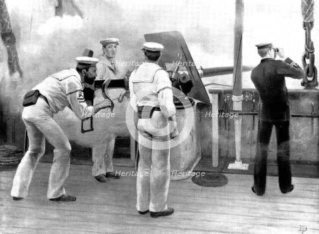 Quick firing practice with a six-pounder Hotchkiss Gun, 1898. Creator: Unknown.