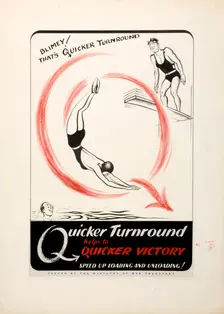 Quicker turnround helps to quicker victory. Speed up,,, WWII poster, between 1939 and 1946. Creators: Central Office of Information, Unknown