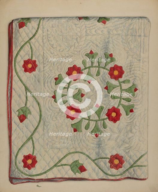 Quilt - Circle with Tulips, c. 1937. Creator: Ralph Atkinson.