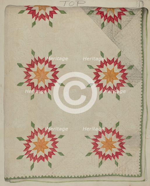 Quilt - Applique Patterns with Border, c. 1936. Creator: Lily Capson.
