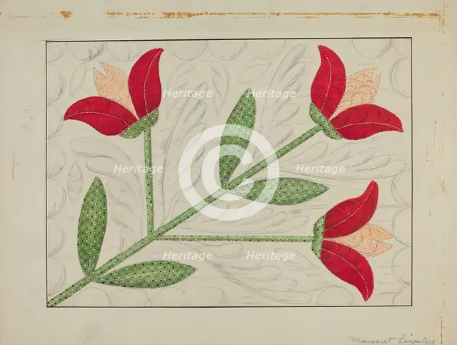 Quilt - Appliqued in Bellflower Design, c. 1937. Creator: Margaret Linsley.