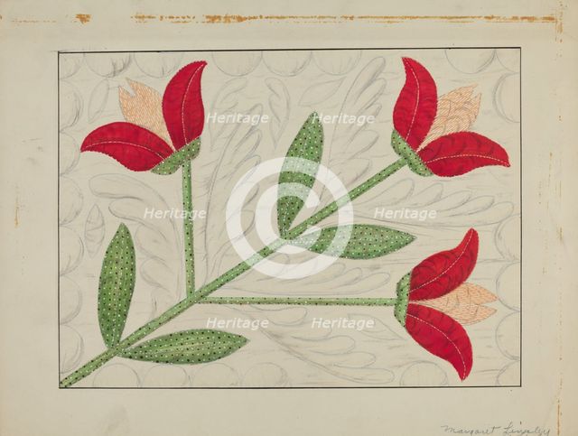 Quilt - Appliqued in Bellflower Design, c. 1937. Creator: Margaret Linsley.
