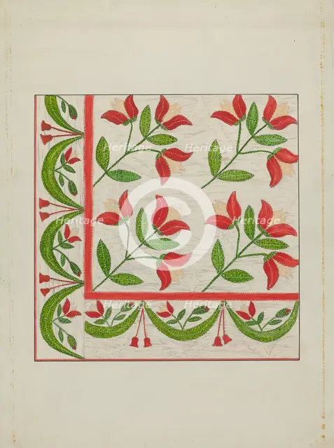 Quilt - Appliqued in Bellflower Design, c. 1937. Creator: Margaret Linsley.