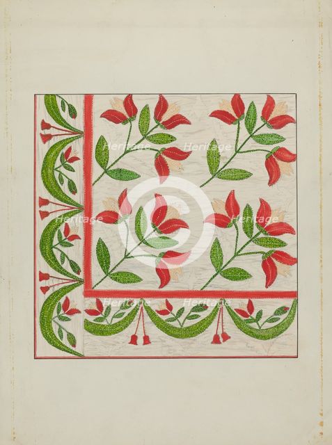 Quilt - Appliqued in Bellflower Design, c. 1937. Creator: Margaret Linsley.