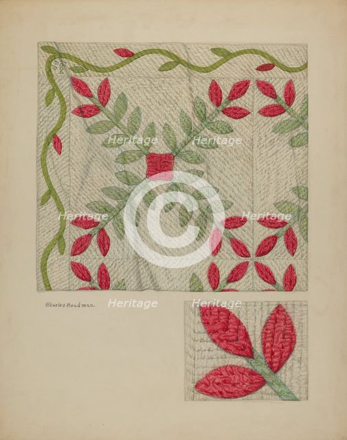 Quilt (Red and Green Leaves), c. 1941. Creator: Charles Roadman.