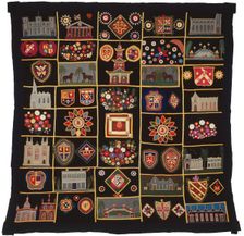 Quilt with Buildings, Animals, and Coats of Arms, New York, c. 1890. Creator: Unknown