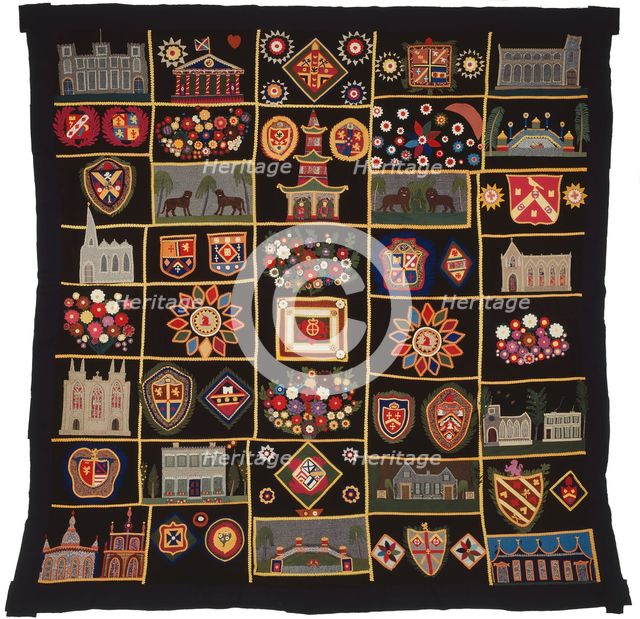 Quilt with Buildings, Animals, and Coats of Arms, New York, c.  1890. Creator: Unknown.