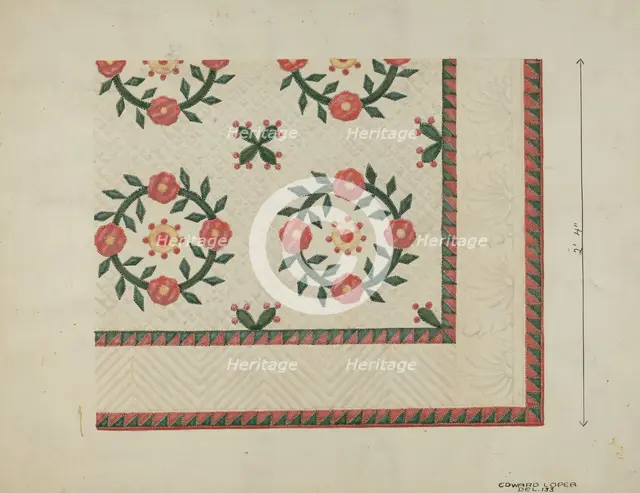 Quilted Applique Coverlet, c. 1936. Creator: Edward L Loper.