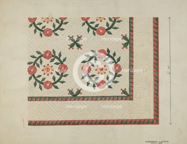 Quilted Applique Coverlet, c. 1936. Creator: Edward L Loper.